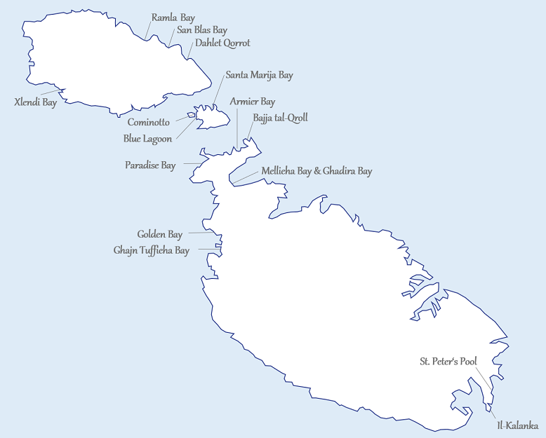 Übersichtskarte der Strände von Malta